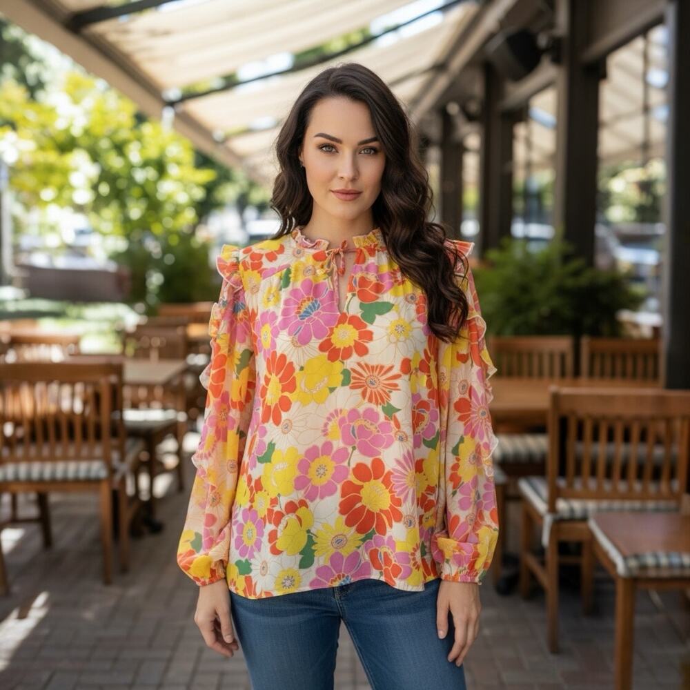 Taroo Floral Peasant Blouse Sheer Long Sleeve Colorful Boho Tie Neck Women's L